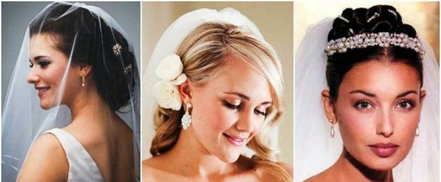 Зачіска весілля волосся на бік з фатою.  Весільні зачіски: розпущені локони з фатою.  У грецькому стилі